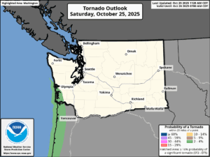 Tornado threat outlook for Washington on Oct. 25, 2025.