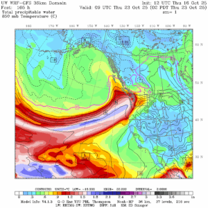 UW-WRF GFS map showing predicted atmospheric river plume on Oct. 23, 2025.