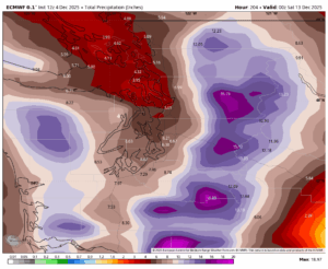 ECMWF model showing predicted 5 day rainfall totals across the Pacific Northwest through next Friday