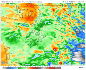 Peak wind gusts for 6 p.m Thursday Dec. 18