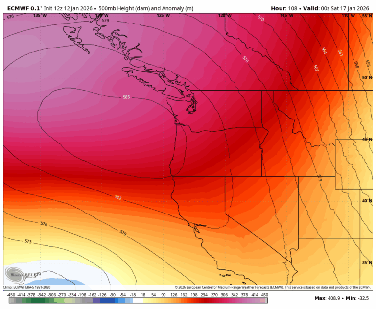 Upper atmospheric height anomalies map