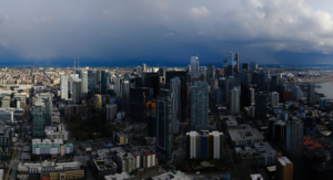 A snow shower falls in the distance to the south of Seattle as seen from the Space Needle on Feb. 17, 2026. (Photo: Space Needle Web Camera)