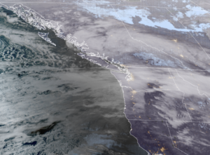 GOES-18 Satellite image showing large slug of moisture moving across the Pacific Ocean via strong jet stream and heading toward the Pacific NW.