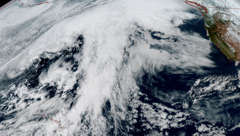 GOES 18 satellite image from March 14 showing large plume of moisture starting from near Hawaii and spanning a large swath of the Pacific that will gradually take aim at B.C. and then Western Washington next week.