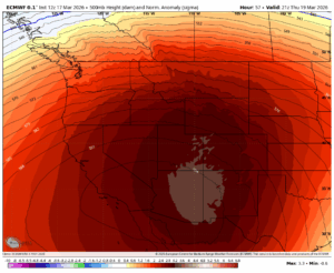 500 mb heights chart showing massive heat anomaly over the Desert Southwest this week