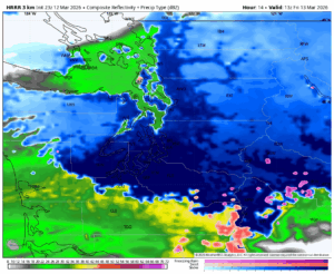 HRRR 3-hour snowfall map for Friday early morning. (NOTE: These calculations do not factor in warm ground temps that would melt much of this snow on impact but gives an idea where snowfall may be the heaviest)