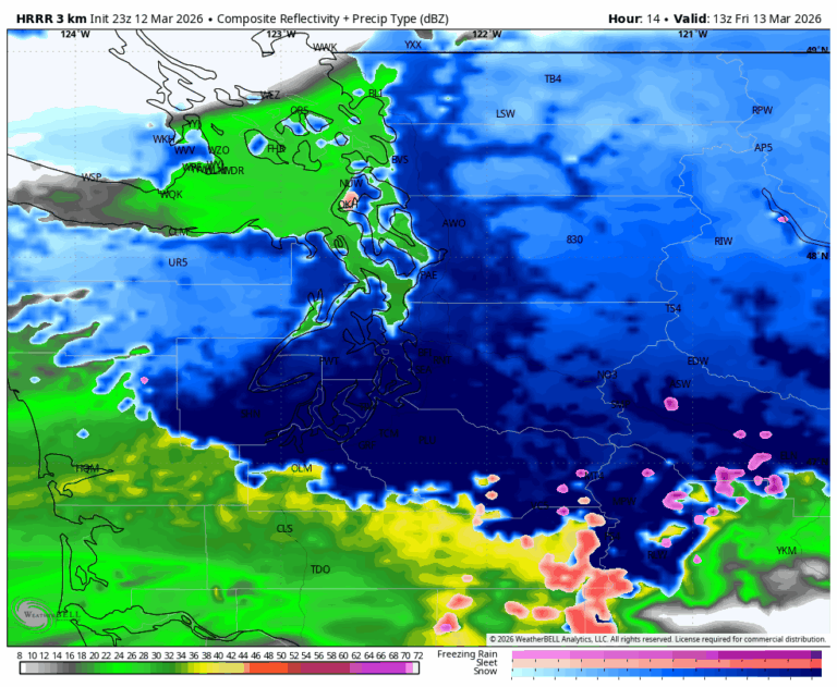 HRRR 3-hour snowfall map for Friday early morning. (NOTE: These calculations do not factor in warm ground temps that would melt much of this snow on impact but gives an idea where snowfall may be the heaviest)