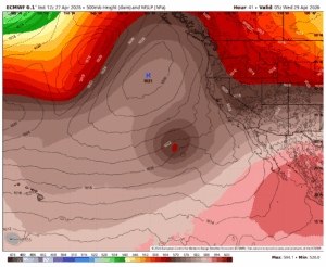 ECMWF model showing 500mb heights and a big ridge offshore early next week.