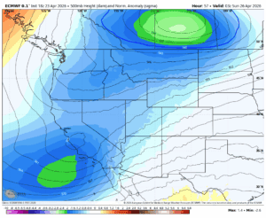 ECMWF 500 mb heights anomaly chart showing a low pressure are heading into Southern California this weekend.