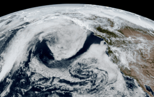 GOES-18 satellite image from May 2 showing... I dunno an inverse Bass Clef or something? (NOAA / CIRA / RAAM-B)