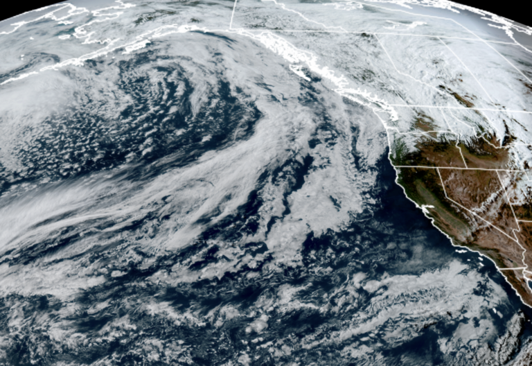 GOES-18 satellite image from May 13, 2026 showing plenty of storm activity out in the Pacific Ocean with our name on it. (NOAA / CIRA / RAAM-B)