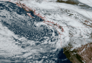 GOES 18 satellite image for May 15, 2026 showing a cold swirling low pressure center just to the Northwest of Washington. (NOAA / CIRA / RAAM-B)
