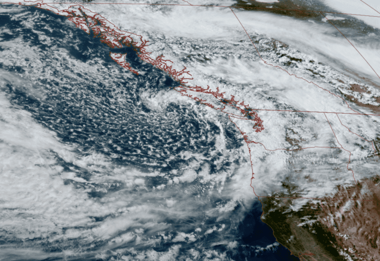 GOES 18 satellite image for May 15, 2026 showing a cold swirling low pressure center just to the Northwest of Washington. (NOAA / CIRA / RAAM-B)