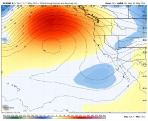 ECMWF model of 500 mb heights showing a ridge of high pressure (that orange blob) parked in the sweet spot off our coast.