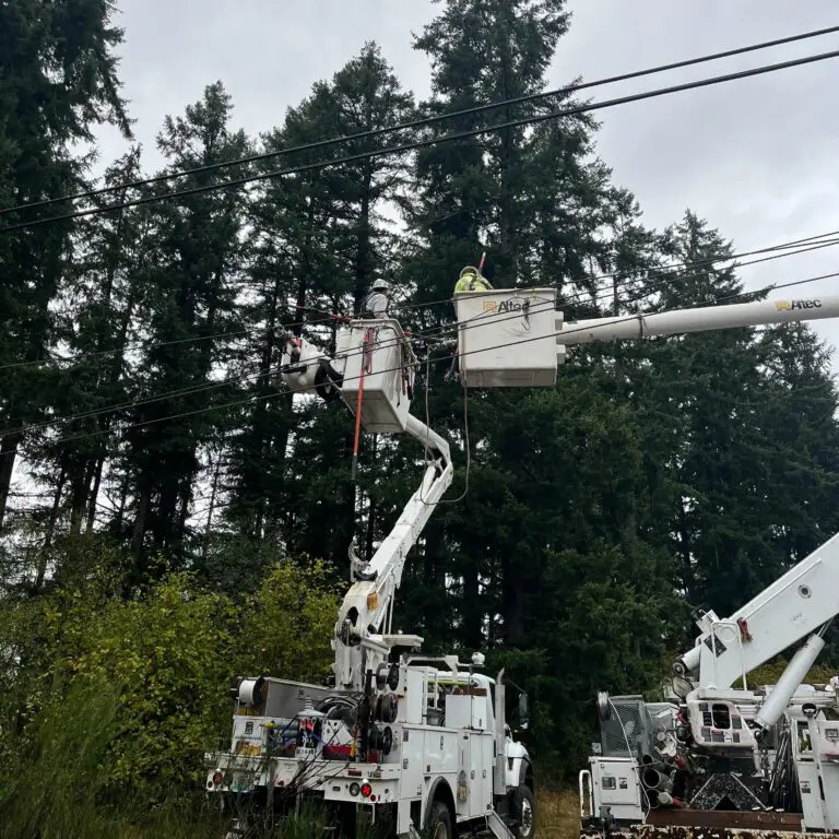 PSE crews respond to downed power lines across I-5 between Maytown and Tumwater in Thurston County on Sept. 25, 2026. (Photo: Puget Sound Energy)