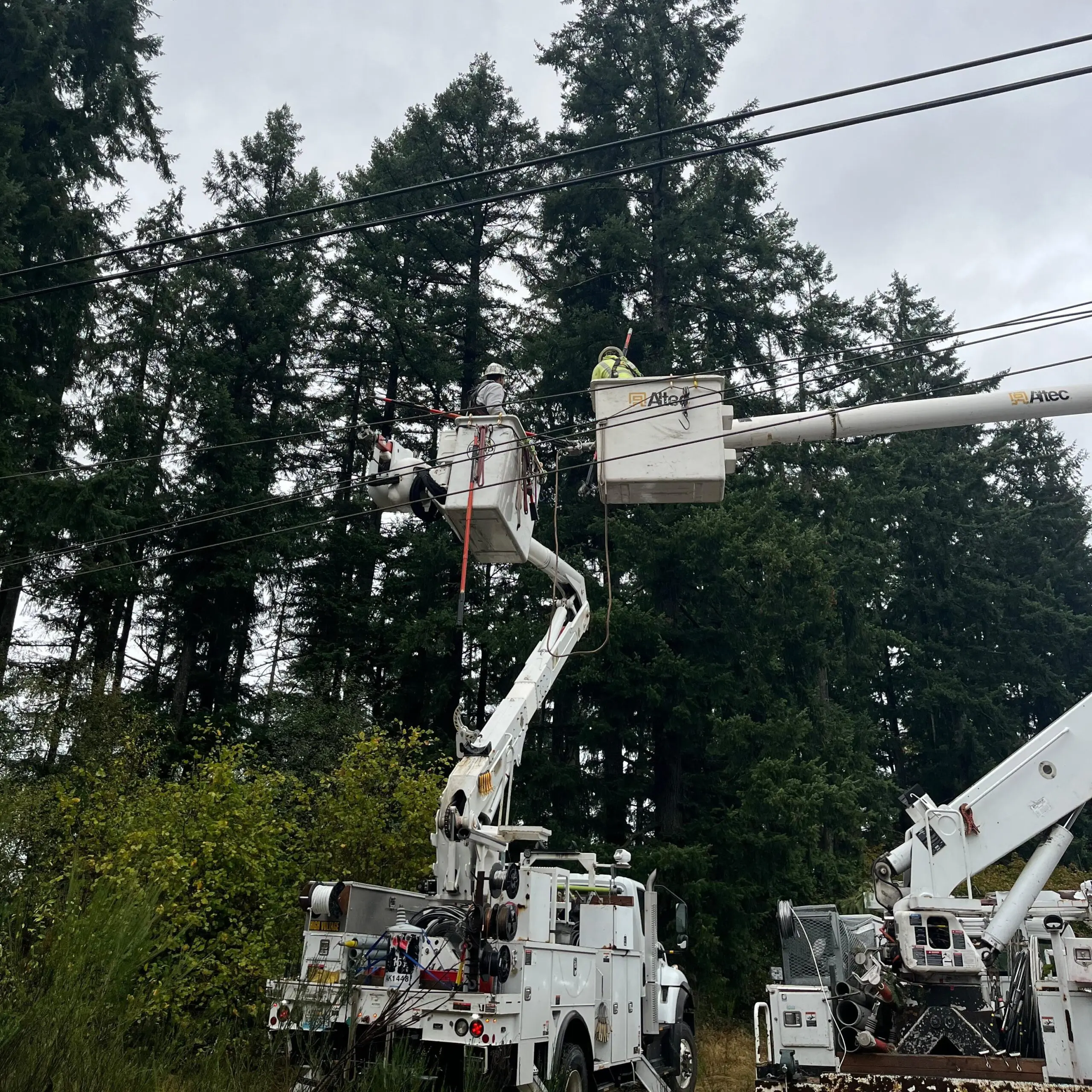 PSE crews respond to downed power lines across I-5 between Maytown and Tumwater in Thurston County on Sept. 25, 2026. (Photo: Puget Sound Energy)