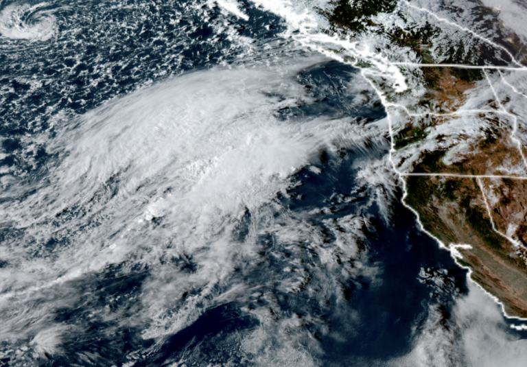 GOES-18 satellite image showing budding storm system developing off the Oregon Coast on Sept. 23, 2026. (NOAA / CIRA / RAAM-B)