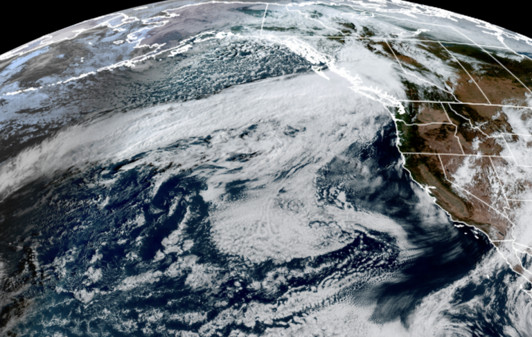 GOES-18 satellite image showing a long atmospheric river-type front stretching from B.C. well out into the North Pacific on Sept. 28, 2026. (NOAA / CIRA / RAAM-B)