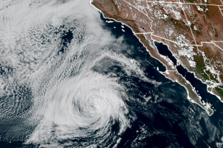 GOES-18 satellite image of Tropical Storm Rachel off the coast of Baja California on Oct. 9, 2026 (NOAA / CIRA/ RAAM-B)