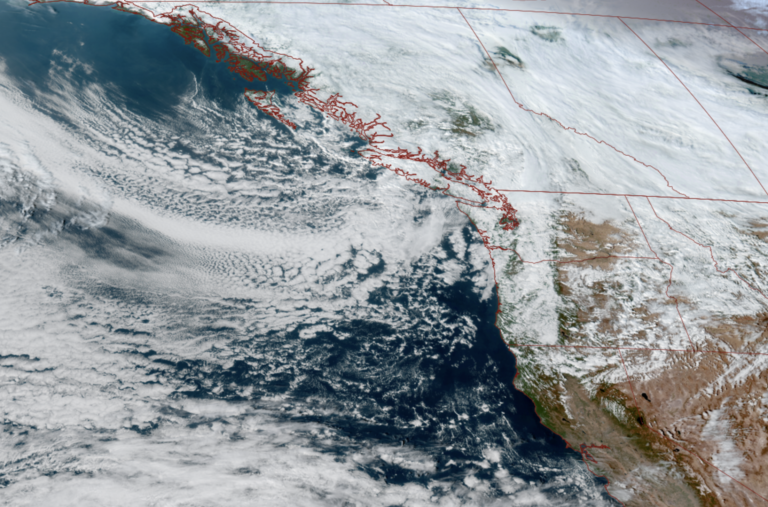 GOES-18 satellite image showing a big trough of low pressure swirling down from British Columbia toward the Pacific Northwest on Oct. 27, 2026. (NOAA / CIRA / RAAM-B)