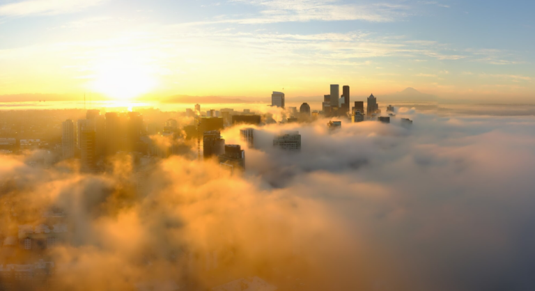 Fog hangs over Downtown Seattle on Oct. 16, 2026. (Photo: Space Needle Web Camera)