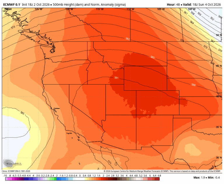 ECMWF 500 mb heights map for Sunday showing large ridge of high pressure parked over the entire Western U.S.