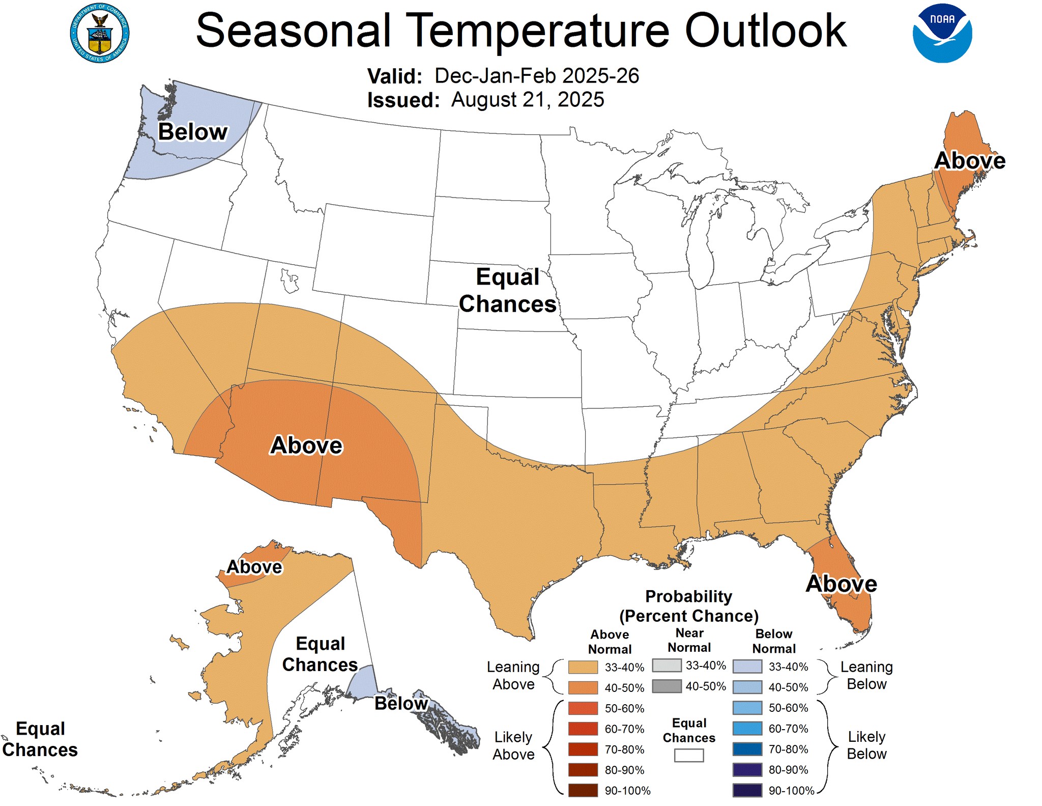 NOAA seasonal temperature outlook for December-February 2025-26.