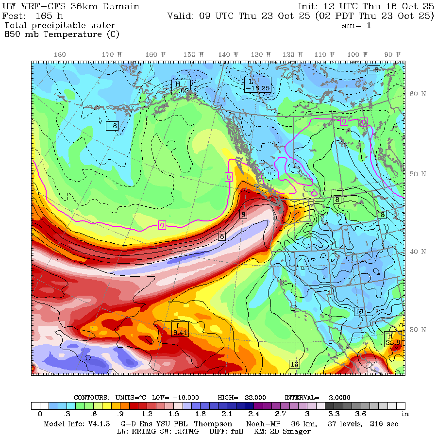 UW-WRF GFS map showing predicted atmospheric river plume on Oct. 23, 2025.
