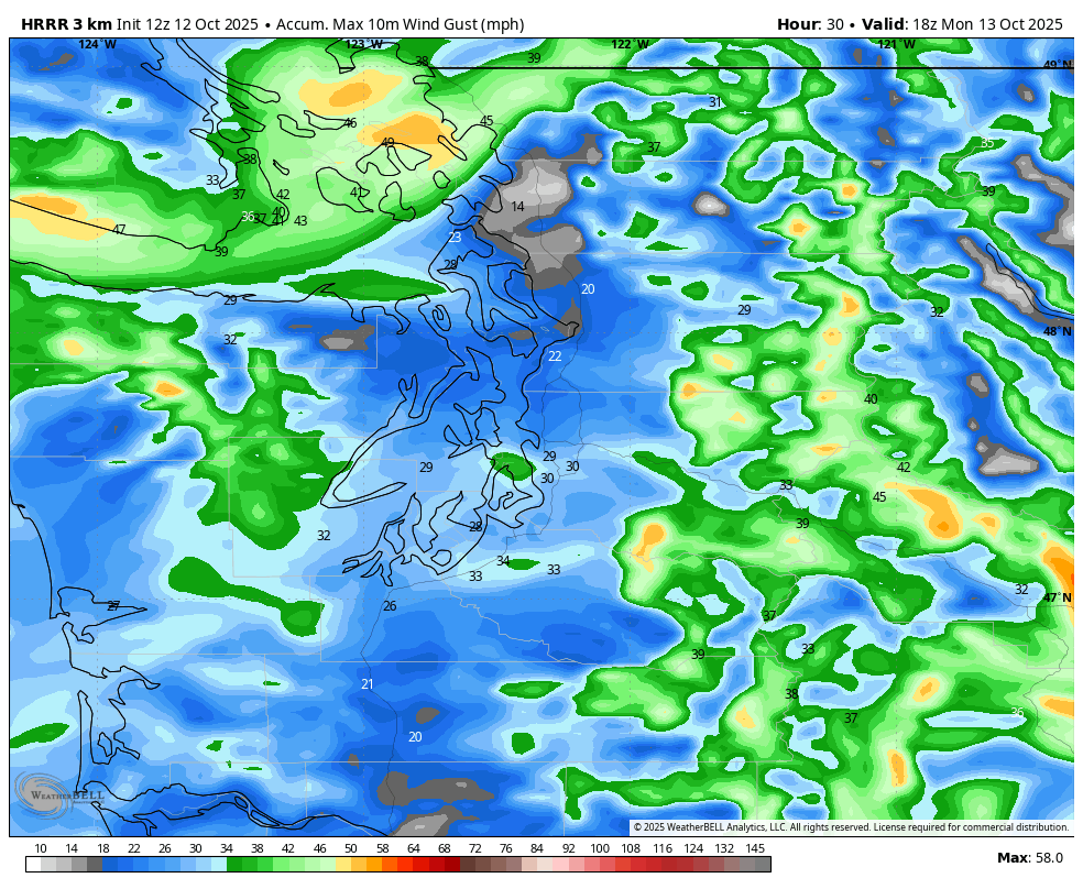 Peak wind gust map through Oct. 13