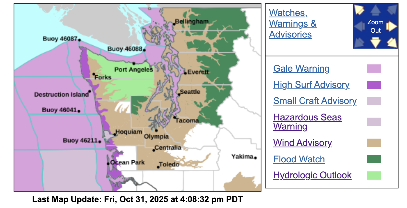 NWS Warnings for Oct. 31 in Western Washington