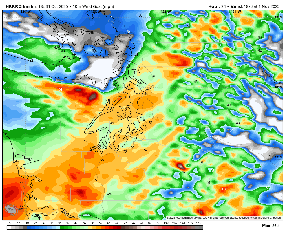 HRRR model showing predicted peak gusts at 11 a.m. on Saturday November 1, 2025.