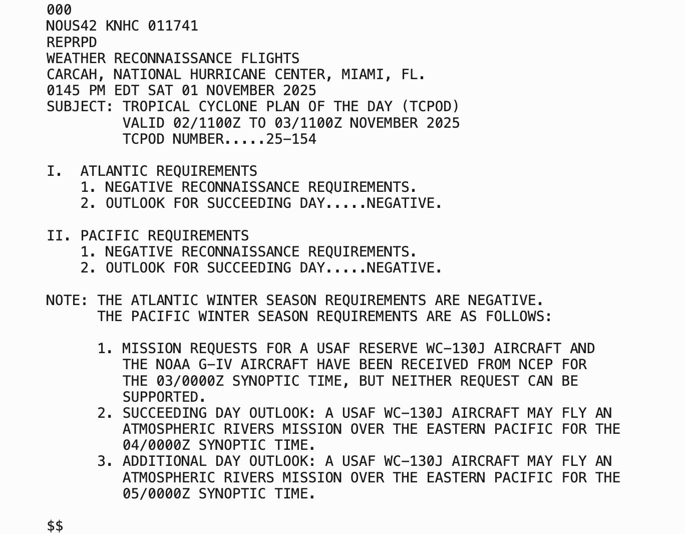 NOAA Hurricane Hunter Request