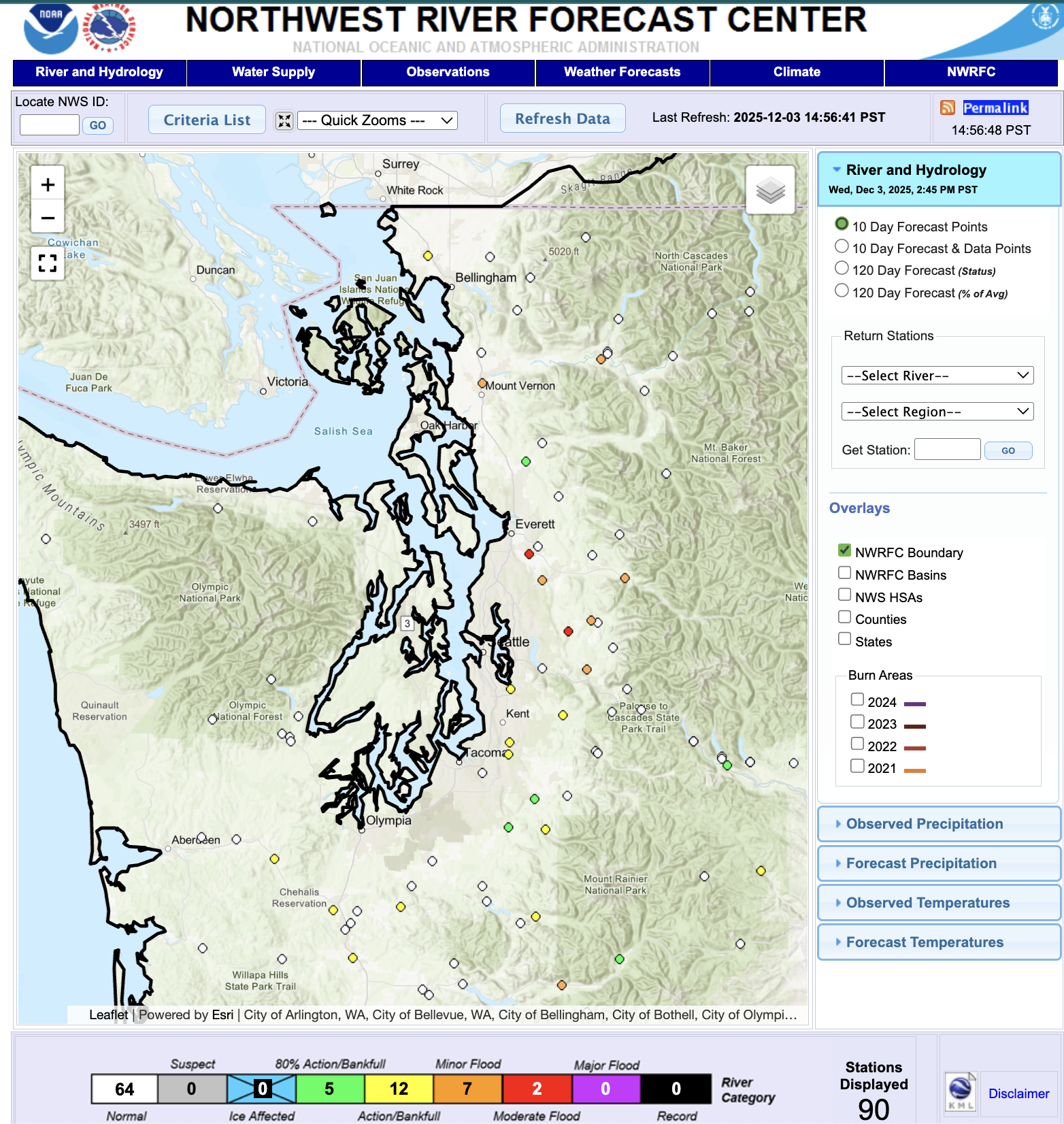 Map showing 10 day peak river predicted crests through Dec. 13.