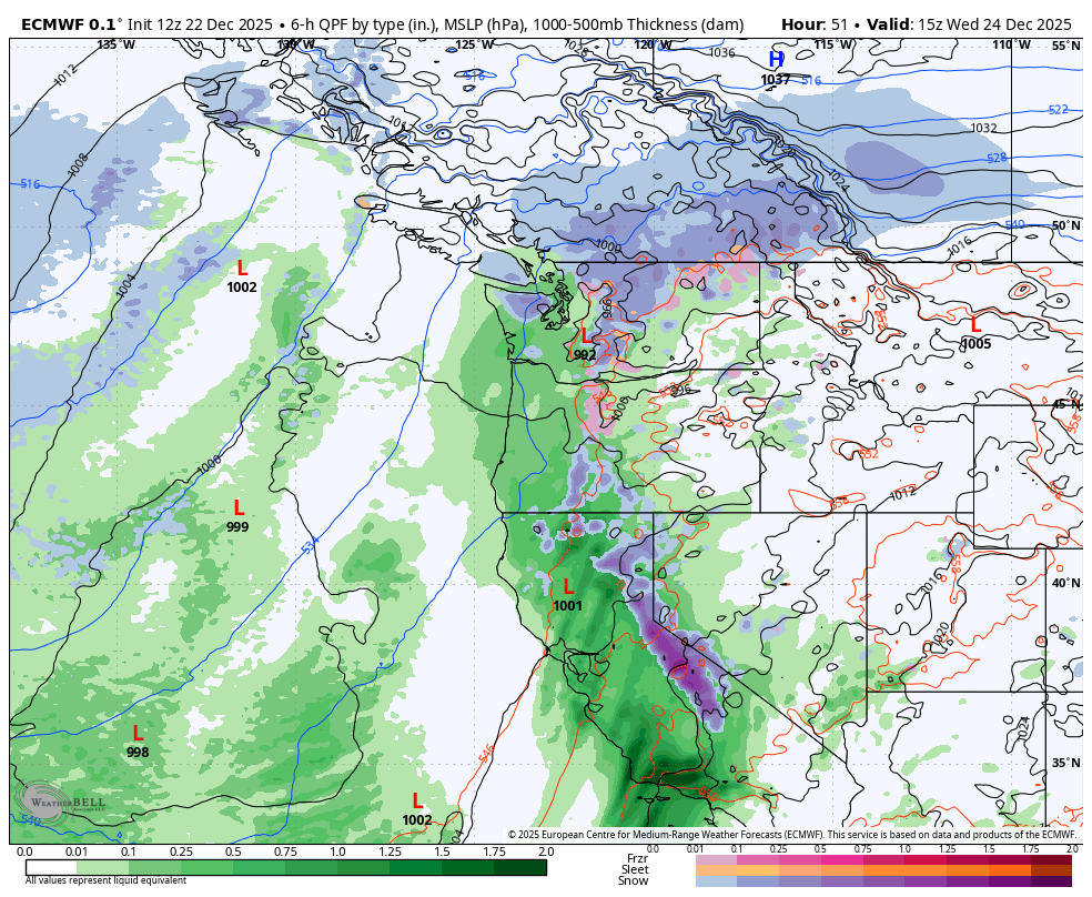 12Z Euro model showing low pressure center turning far inland before reaching Seattle. Peak gust predicted in Seattle on this model run: 34 mph