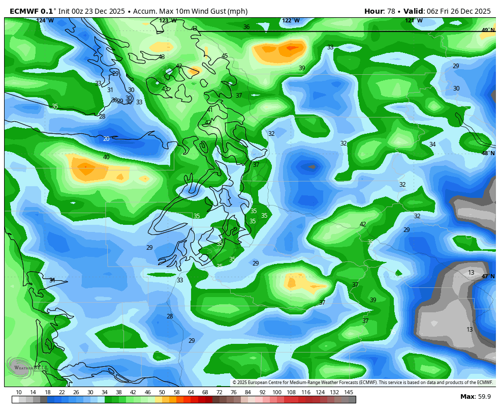 Euro/ECMWF model peak gust forecast for Dec. 24