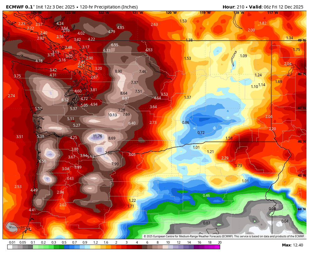 ECMWF model showing predicted 5 day rainfall totals across the Pacific Northwest between Saturday night and Thursday night.