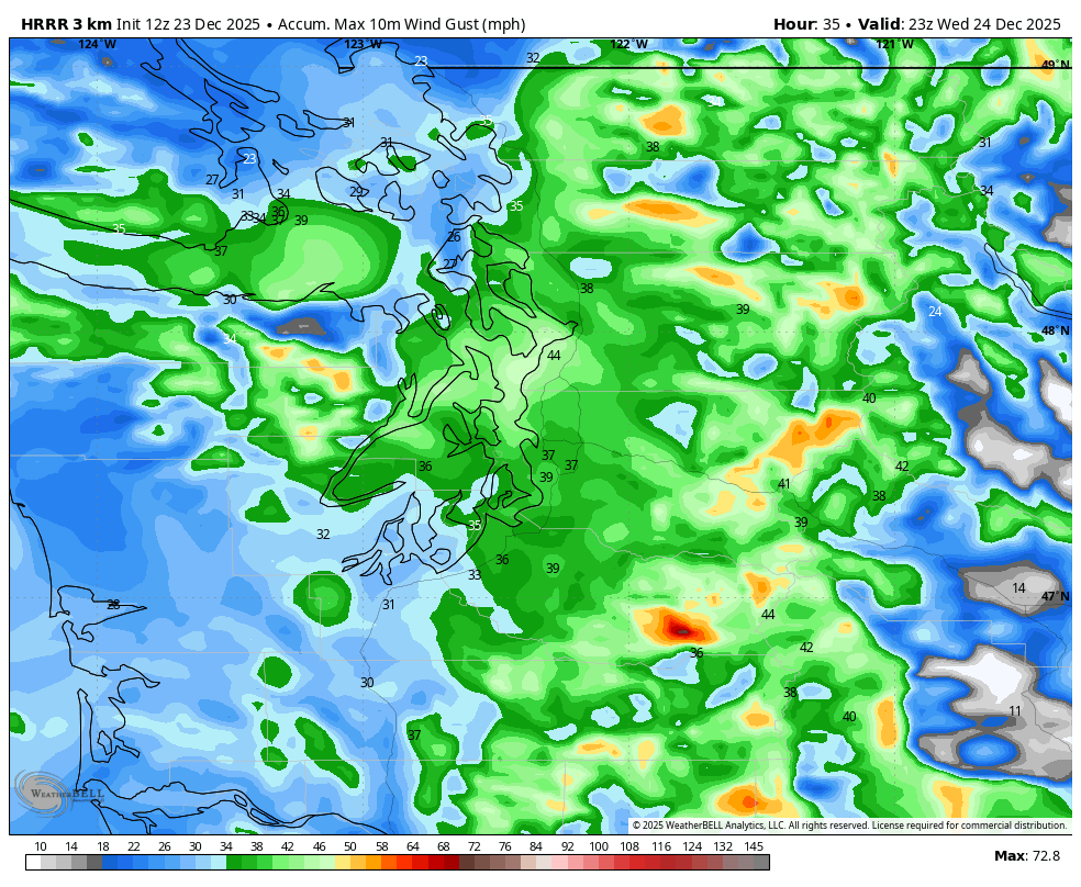 HRRR peak gust forecast for Dec. 24
