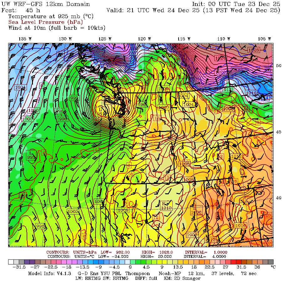 UW WRF-GFS model predicting potent low just off Washington coast on Dec. 24.