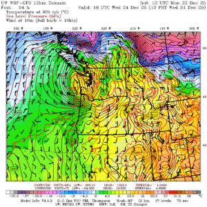 UW WRF-GFS model predicting potent low just off Washington coast on Dec. 24.
