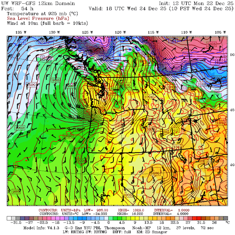 UW WRF-GFS model predicting potent low just off Washington coast on Dec. 24.