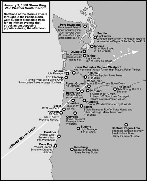 Storm reports and estimated track of Jan 1880 Storm King