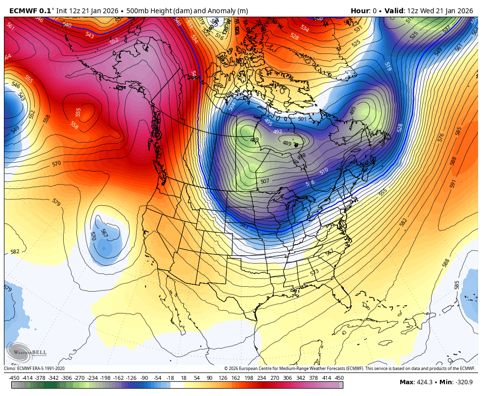 500 mb heights anomaly chart for Jan. 21, 2026.