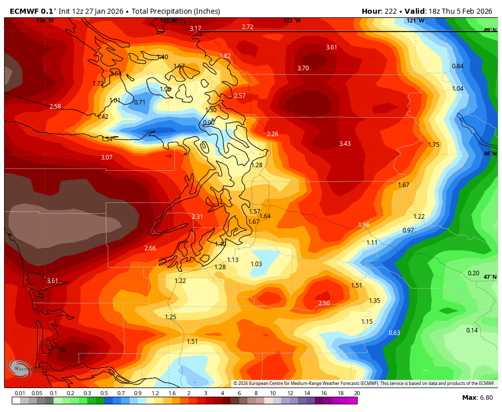 ECMWF model showing total forecasted rain between Tuesday and next Monday.