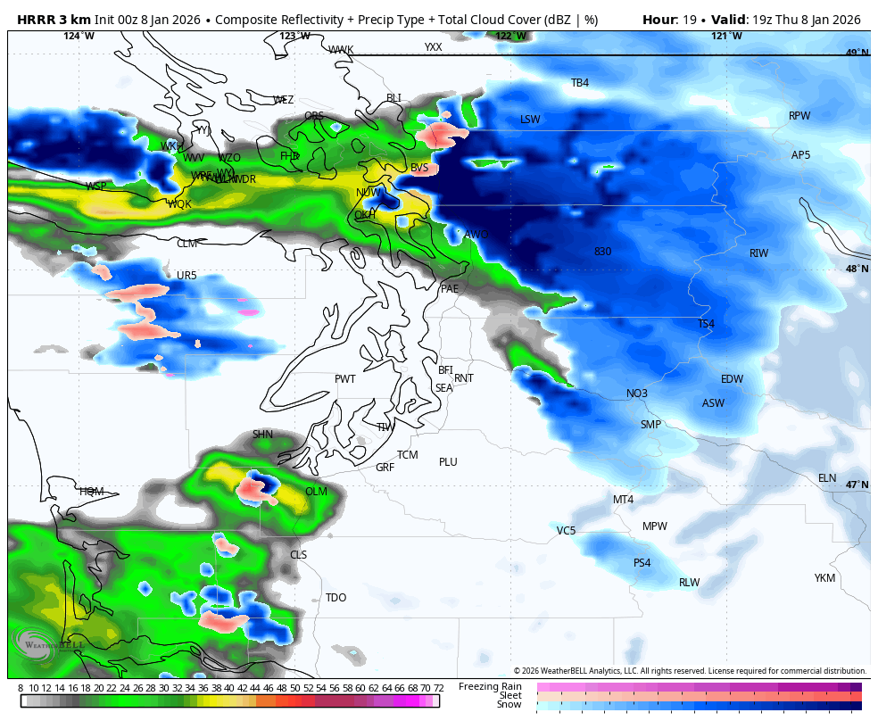 Predicted radar image for Thursday morning showing a mix of rain and snow showers around Western Washington. (HRRR model / WeatherBell)