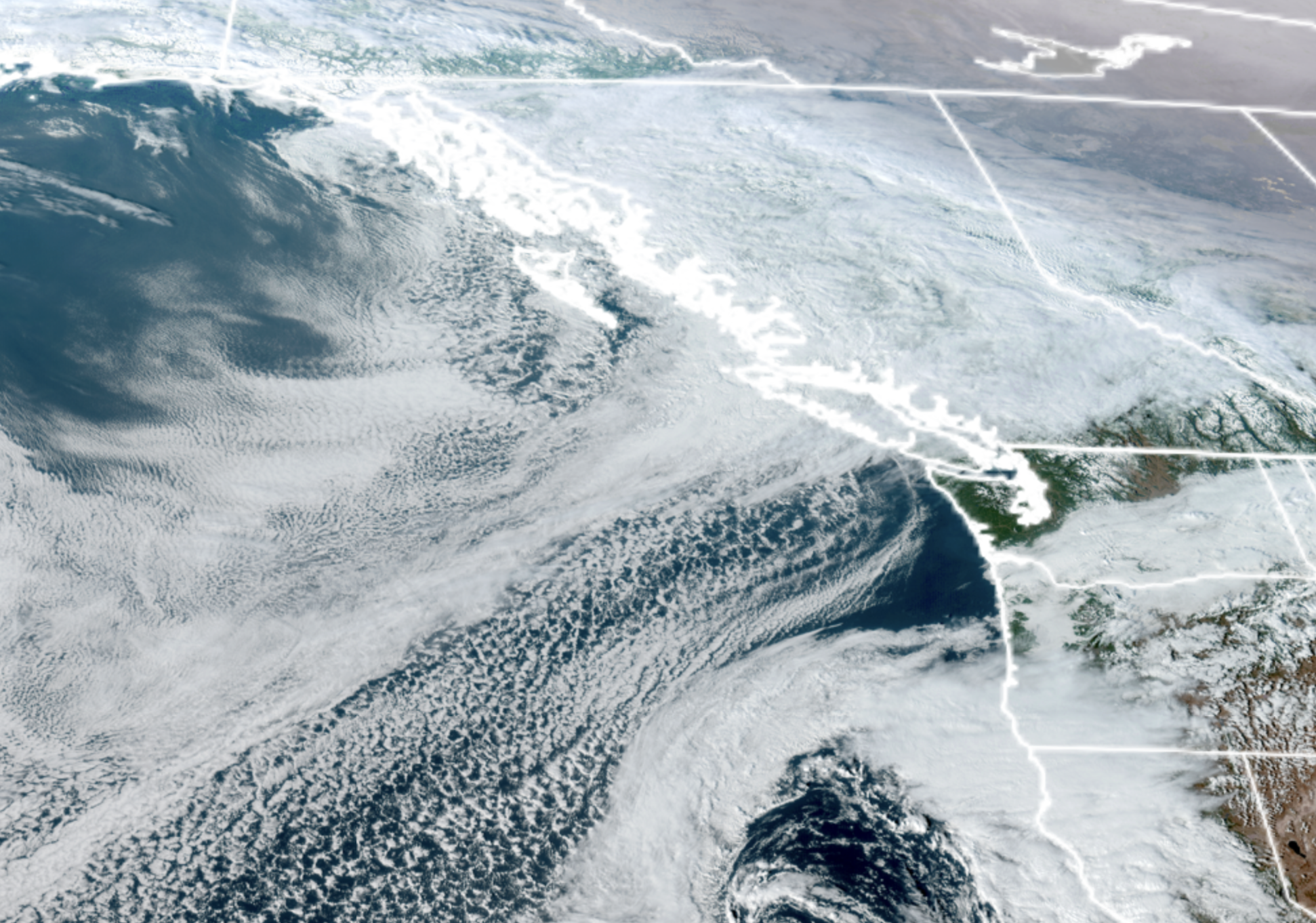 GOES-18 Satellite image from Feb. 15 showing broad area of low pressure over Alaska Panhandle heading southeast along B.C. coast.