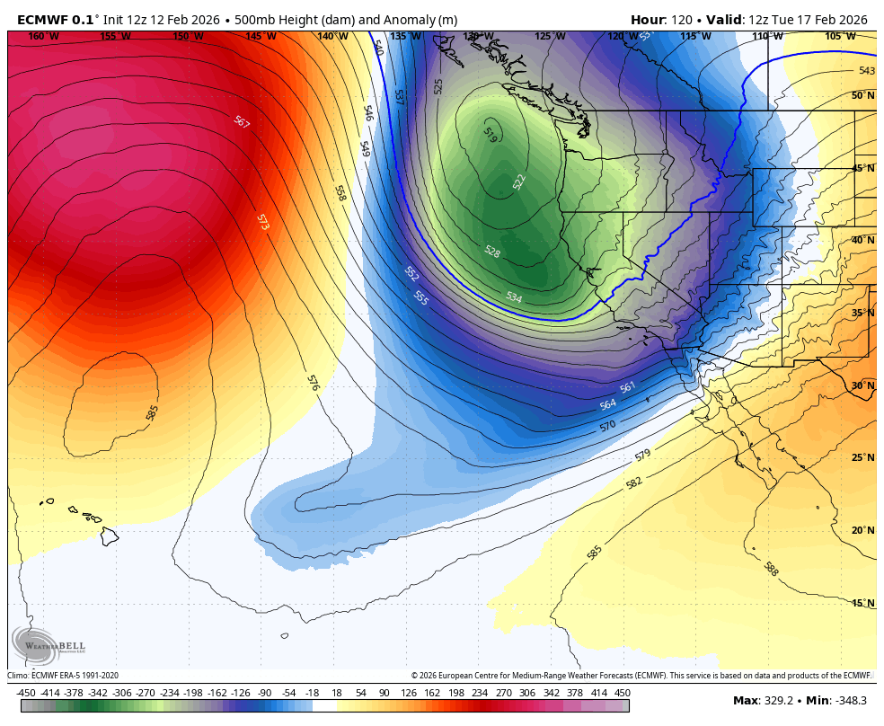 ECMWF model showing 500 mb heights; depicting large upper level trough over the Pacific Northwest on Tuesday.
