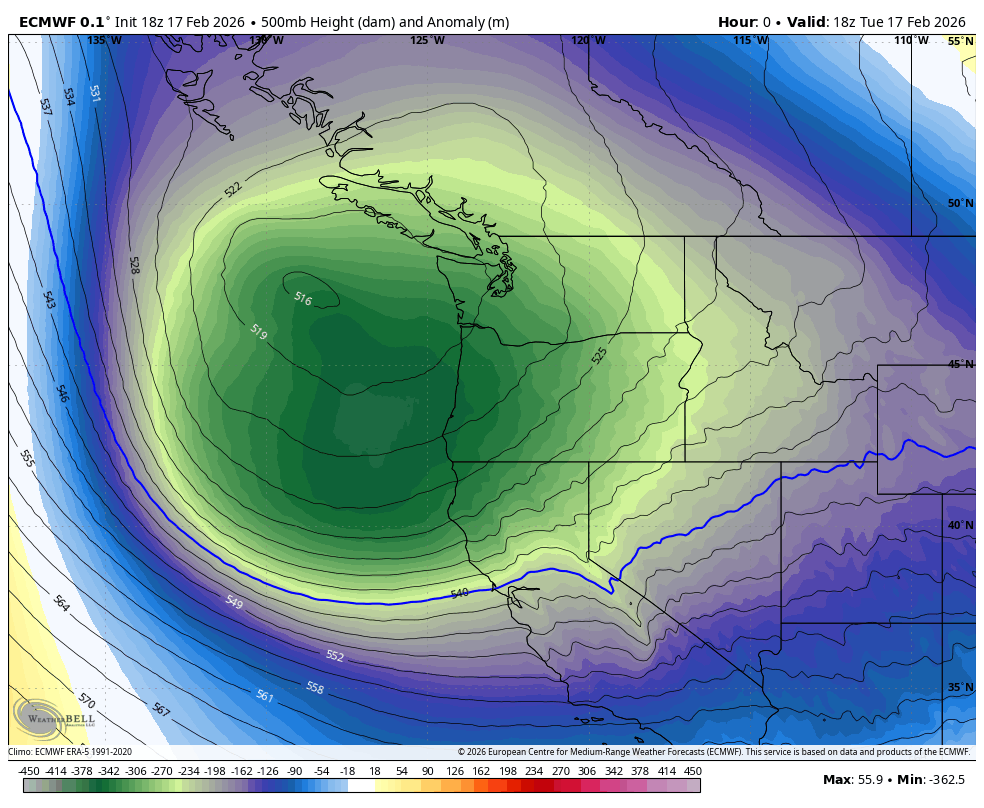 ECMWF 500 mb height anomaly chart for Feb. 17 showing low pressure settled just off the Pacific Northwest coast.