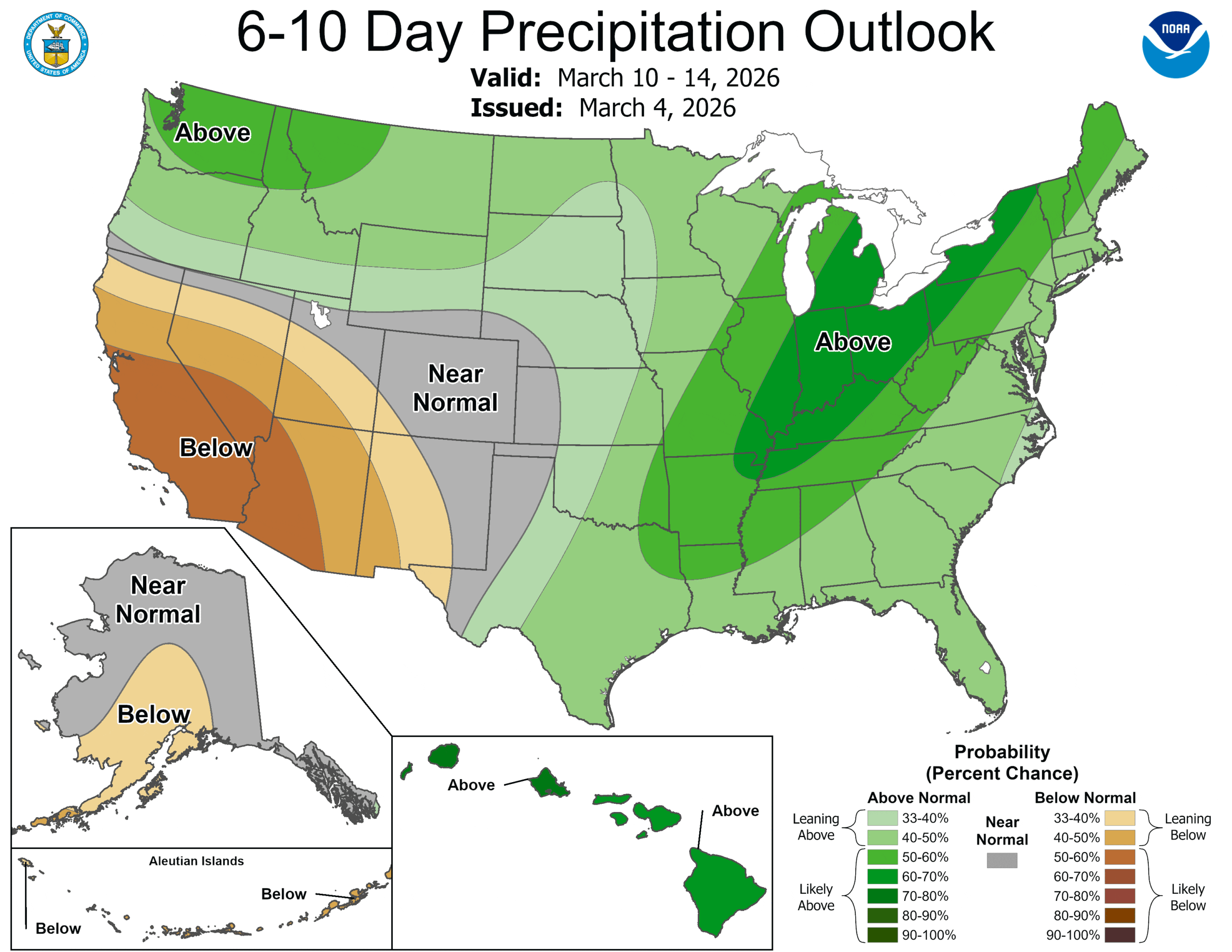 NOAA 6-10 day precipitation outlook showing a wetter than average period expected in Washington between March 10-14.