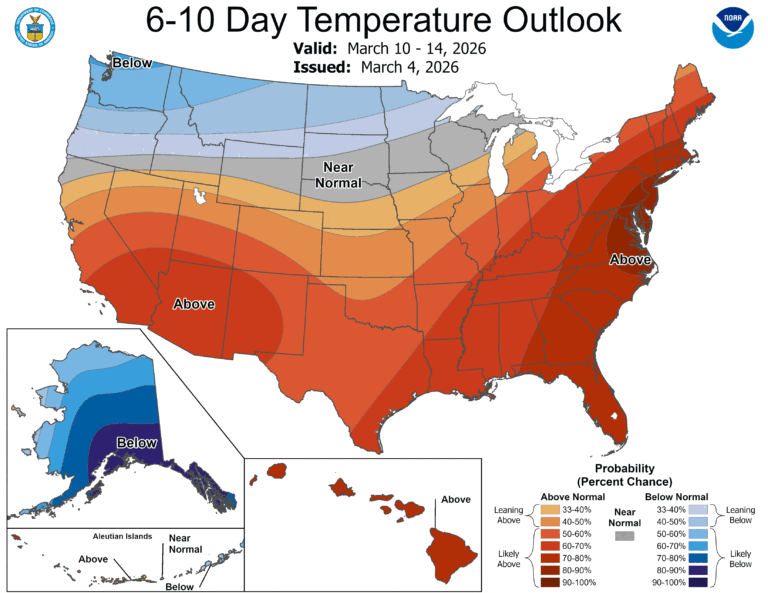 NOAA 6-10 day temperature outlook showing cooler than average temps expected in Washington between March 10-14.