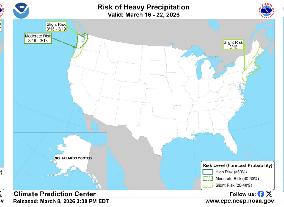 Risk of heavy precipitation between March 16-18.